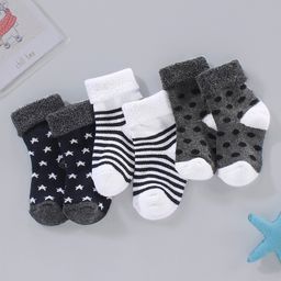 Cute Walk by Babyhug Cotton Anti Bacterial Ankle Length Socks Non Terry Stripes & Polka Dot Design Pack of 3 - Black White-image-84
