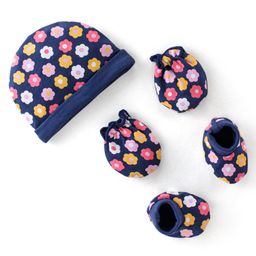 Babyhug 100% Cotton Knit Cap Mittens & Booties With Floral Print - Navy Blue-picture-15