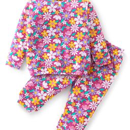 Babyhug Cotton Knit Full Sleeves T-Shirt & Lounge Pant Set Floral Print - Multicolour-image-66