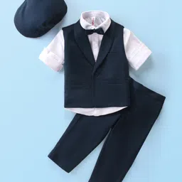 Babyhug Knit Full Sleeves Solid Color Party Suit with Stretch Waistcoat & Cap - Navy Blue & White-picture-32