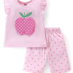 Babyhug 100% Cotton Knit Flutter Sleeve Capri Night Suit With Apple Patch - Pink-image-2
