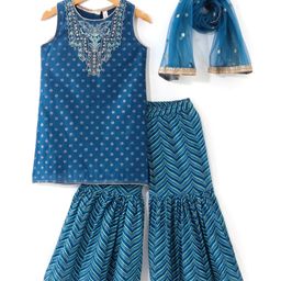 Babyhug SleevelessEmbroidered Kurti & Chevron Printed Gharara with Dupatta - Teal Blue-picture-20