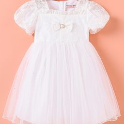 Kookie Kids Half Sleeves Party Frock with Floral  Lace & Bow Detailing  - White-image-24