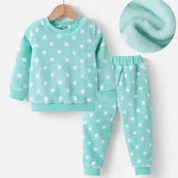 Kookie Kids Full Sleeves Winter Wear Night Suit With Polka Dots Print - Blue-picture-29