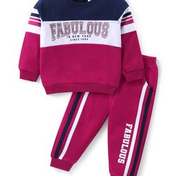 Babyhug Cotton Terry Knit Full Sleeves T-Shirt & Lounge Pants Set With Text Print - Maroon & Navy-image-53