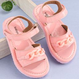 Babyoye Sandals with Velcro Closure & Chain Applique - Pink-image-59