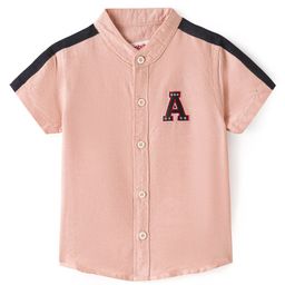 BabyhugCotton Woven Half Sleeves Solid Color Shirt With Mandarin Collar Text Embroidered - Light Peach-image-11
