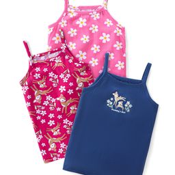 Babyhug 100% Cotton Knit Singlet Sleeves Slips With Deer & Floral Print Pack of 3 - Blue & Pink-image-54