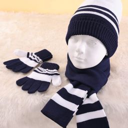 Pine Kids Woollen Knit Color Block Benie Gloves & Muffler Set - Black & White-image-49