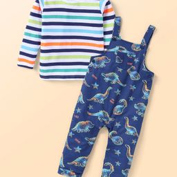 Babyhug Single Jersey Knit Full Sleeves StripedT-Shirt & Dino PrintedDungaree - Navy Blue-image-48