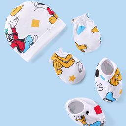 Babyhug Disney Interlock Knit Cap Mittens & Booties Set with Mickey Mouse & Friends Print - White-12