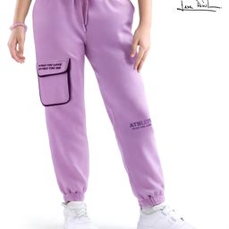 Arias Cotton Knit Full Length Jogger with Text Print - Purple-image-29