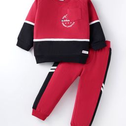 Kookie Kids Terry Knit Full Raglan Sleeves Winter Wear T-Shirt with Pocket & Text Print & Joggers Set - Red & Black-image-77