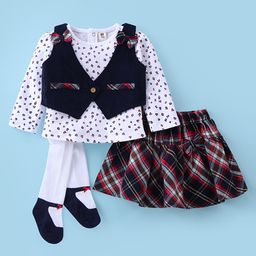ToffyHouse 100% Cotton Knit Full Sleeves Floral Printed Top With Woven Waist Coat & Checkered Skirt & Stockings - White Navy & Red-image-78