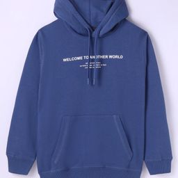 Doreme Terry Knitted Full Sleeves Hooded Sweatshirt With Text Print & Kangaroo Pockets - Royal Blue-image-34