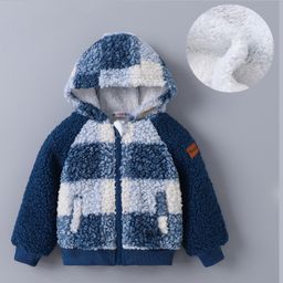 Kookie Kids Full Raglan Sleeves Hooded Winter Fur Jacket with Checks Design - Blue-image-0