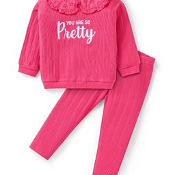 Babyhug Terry Knit Full Sleeves Peter Pan Collared Top & Leggings Set With Text Print- Dark Pink-image-86