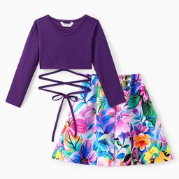 Ollington St. Cotton Rib Full Sleeves Tie Down String Top & Floral Printed Scuba Knit Skirt Set - Purple-picture-17