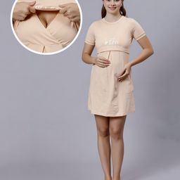 True Shape Half Sleeves Typography Printed Maternity Dress With Two Layer Lift Nursing Access - Cream-24