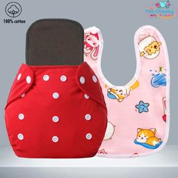 The Cheeky Kidzz Baby Essential Reusable Cotton Cloth Diaper With Bamboo Charcoal Insert With Feeding Bib(RED)-16