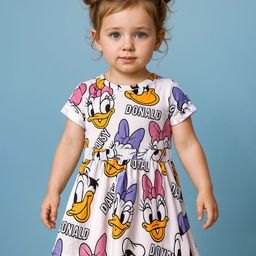 Babyhug Disney Single Jersey Knit Half Raglan Sleeves Frocks With Daisy Duck Print - White-image-74