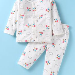 Doreme Single Jersey Knit Full Sleeves Aeroplane Printed Night Suit - White-picture-9