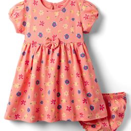 Babyhug Single Jersey Knit Half Sleeves Floral Printed Frock with Bloomer & Bow Applique - Orange-image-52