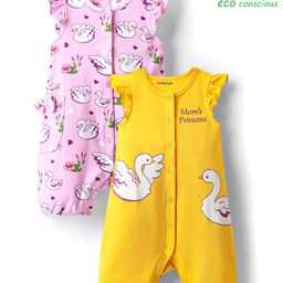 Babyoye 100% Cotton Knit Rompers With Eco Jiva Finish & Bird Print Pack Of 2 - Yellow & Pink-17