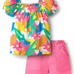 Babyhug Single Jersey Knit Half Puffed Sleeves Top & Shorts Set with Floral Print & Smocking - Pink-image-124