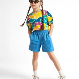 Ollington St. Cotton Knit Half Sleeves Floral Printed Top & Woven Shorts Set - Multicolor & Blue-image-33