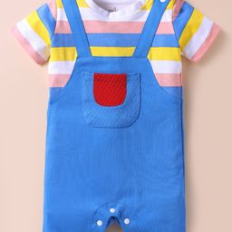 Mark & Mia Cotton Knit Half Sleeves Striped Romper with Polka Dots Print - Blue-image-80