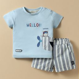 Ollypop Interlock Knit Half Sleeves T-Shirt & Shorts Set with Text Print & Stripes - Light Blue-picture-17