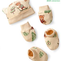 Babyoye 100% Cotton Bear Printed Cap Mitten & Booties Set Cream - Diameter 10 cm-11