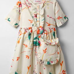 Kookie Kids Poplin Woven Half Sleeves Dress & Sling Bag with Floral Print & Frill Detailing - Cream-image-10