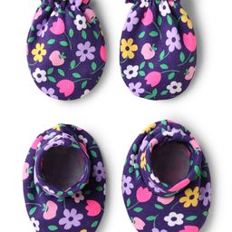 Babyhug 100% Cotton Interlock Knit Mittens & Booties Set with Floral Print - Purple-image-45