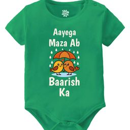 Baby Buzz 100% Cotton Monsoon Theme Half Sleeves Aayega Maza Ab Baarish Ka Text Printed Onesie - Green-image-98