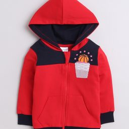 BUMZEE Fleece Knit Full Sleeves Basketball Printed Hooded Sweatjacket With Kangaroo Pockets - Red & Navy Blue-image-96