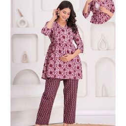 CeleBravo Rayon Woven Three Fourth Sleeves Floral Printed Maternity Ethnic Kurta With Nursing Access & Pant Set - Maroon-image-76