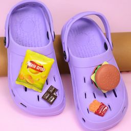 Yellow Bee Solid Perforated Slingback Clogs With Fast Food Charms - Purple-picture-26