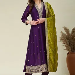 MOKOSH Floral Embroidered V-Neck Sequinned A-Line Kurta With Trousers & Dupatta-18