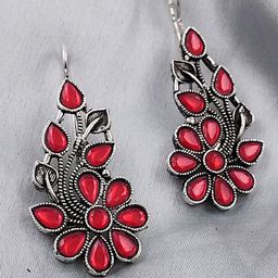 Saizen Silver-Plated Artificial Stones Studded Oxidised Floral Shaped Drop Earrings-image-53
