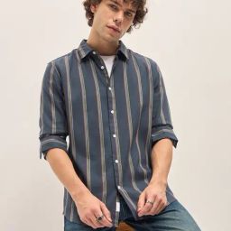 The Bear House Blue Cotton Slim Fit Striped Shirt-image-14