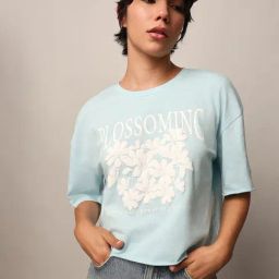 Only Light Blue Cotton Graphic Print T-Shirt-image-1