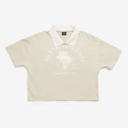 Y&F Kids by Westside Beige Text Design Polo Crop T-Shirt-image-10
