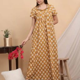 Sweet Dreams Mustard Cotton Floral Print Nighty-image-101