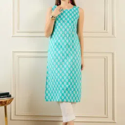 Indo Era Blue Cotton Printed Straight Kurta-image-25