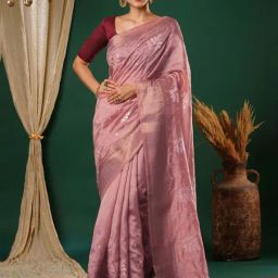 Satrani Rose Pink Embroidered Saree With Unstitched Blouse-picture-47