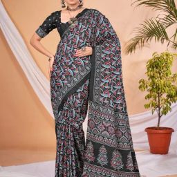 Saree Mall Black Printed Saree With Unstitched Blouse-image-103