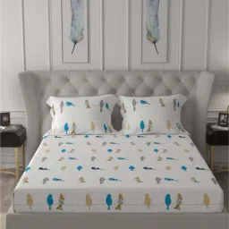 Urban Space Divine Humming Bird Blue Cotton 144 TC King Fitted Bedsheet With Pillow Covers-image-7