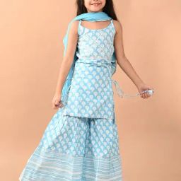 LilPicks Kids Light Blue & White Lace Kurta, Sharara with Dupatta-image-64